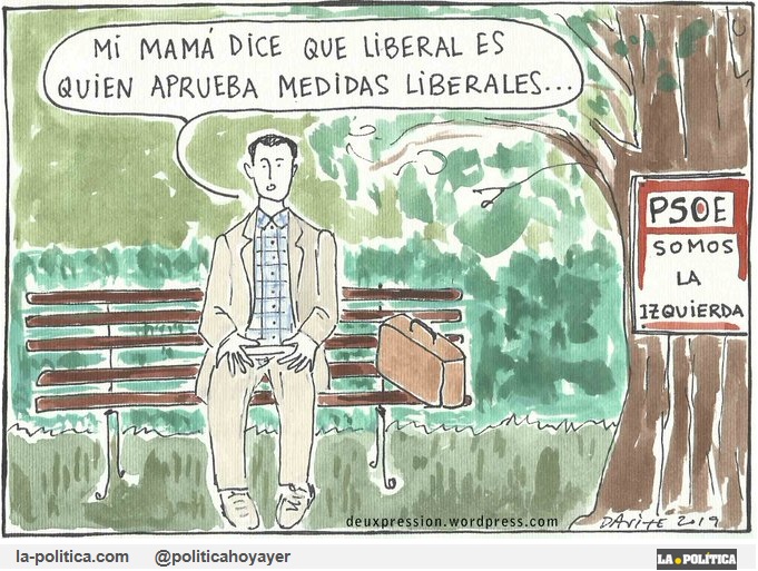 -Mi mamá dice que liberal es quien aprueba medidas liberales... PSOE SOMOS LA IZQUIERDA (Viñeta de Deuxpressión)
